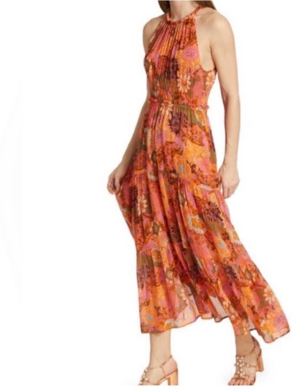 A.L.C. Silk Delera Halter Maxi Dress in Vibrant Orange & Pink Floral